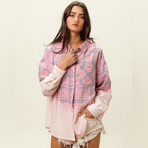NWT BIBI Plaid Button‎ Down Shirt Women's Medium Bleached Oversized Pink Grunge - Picture 1 of 13